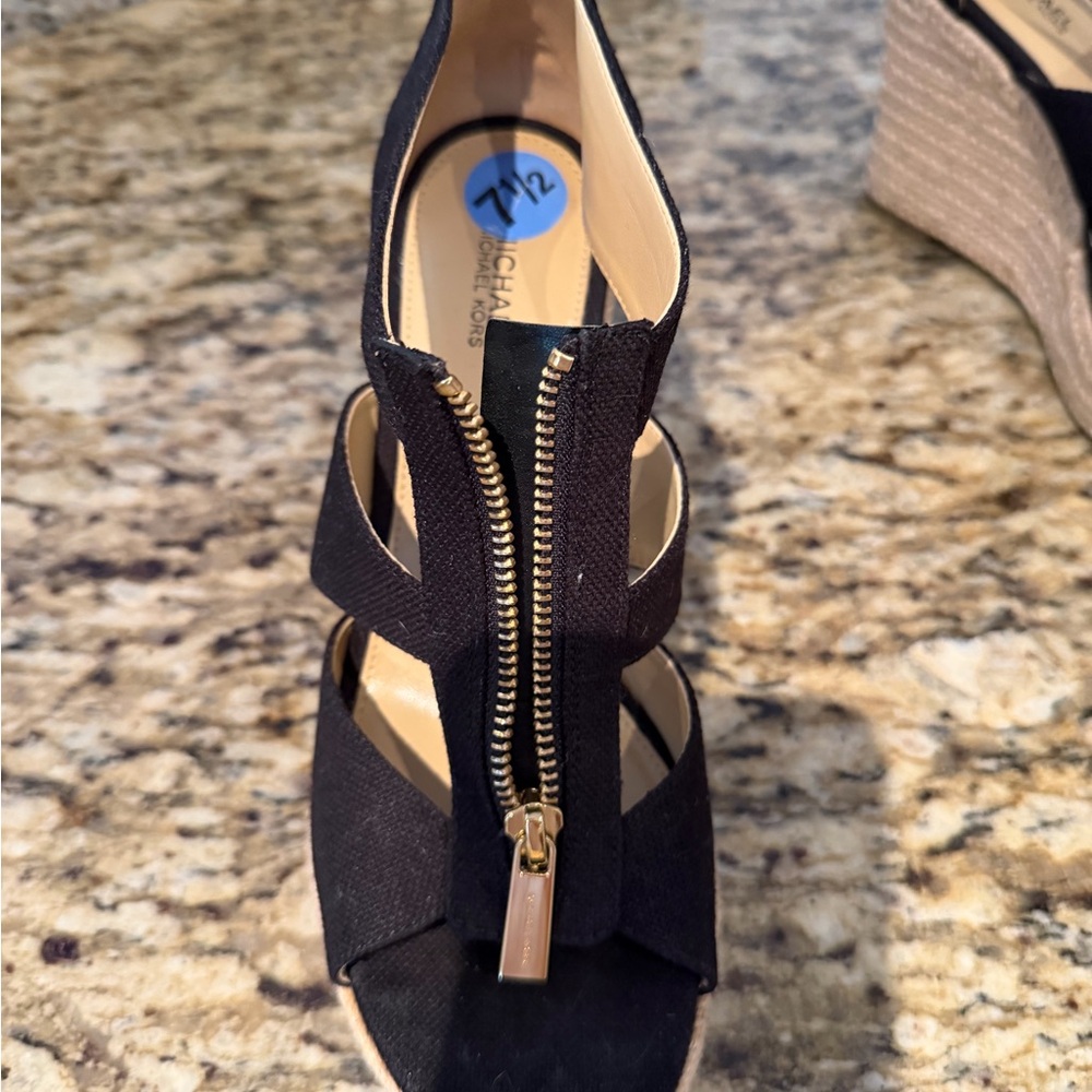 Michael Kors Black Canvas Wedge Sandals with Gold Zip Detail - Picture 2 of 3